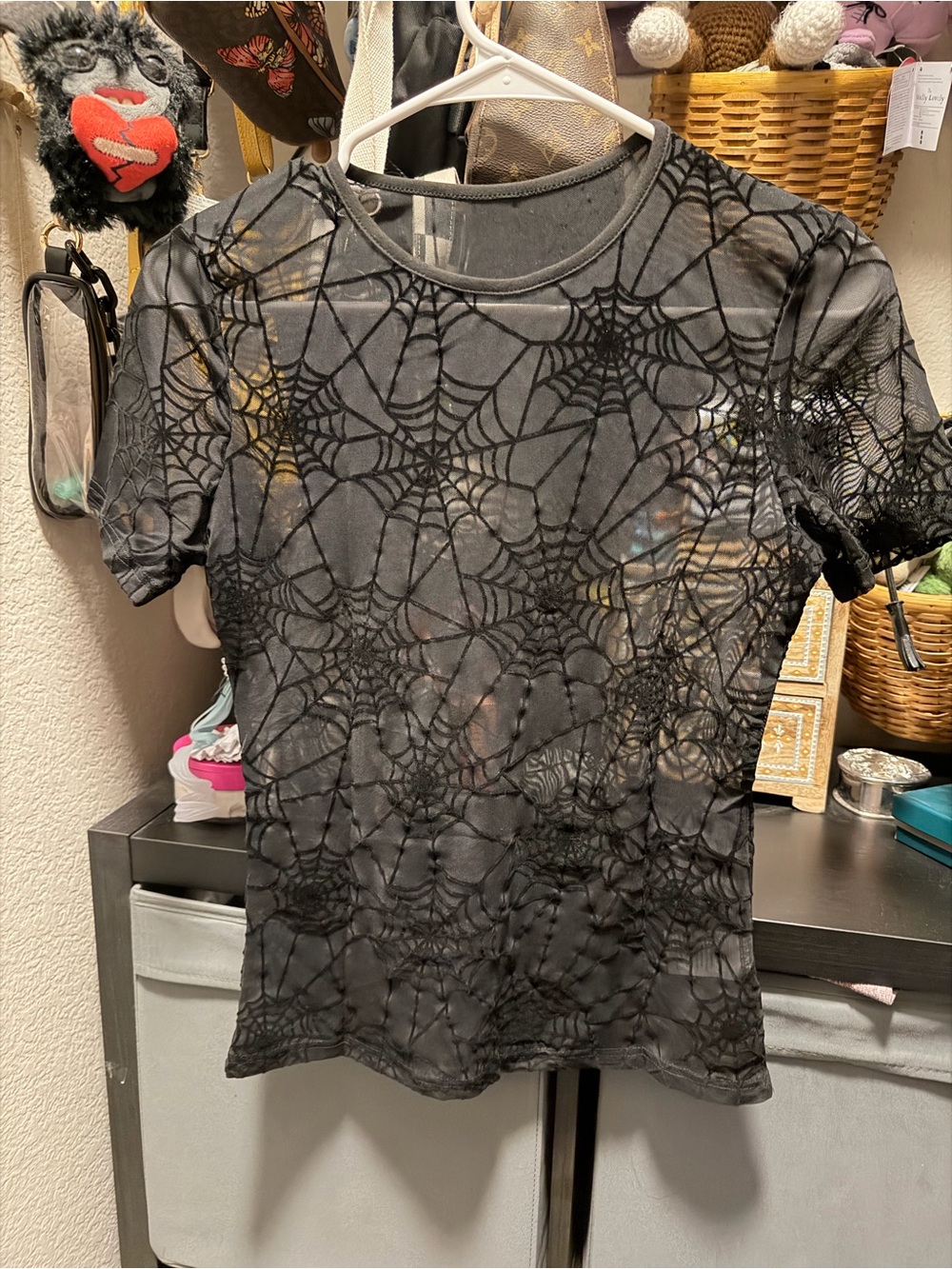 Black mesh spiderweb top with black spiderweb pattern baby tee